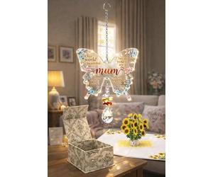 PopOra Butterfly Crystal Suncatcher Bundle, Gift for Mum, Hanging Window Decoration with Rainbow Light, Mum Birthday, Mother’s Day. With a Pop Up sunflower 3d card