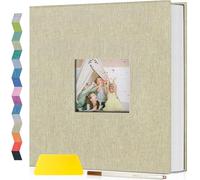 popotop Photo Album Self Adhesive with Picture Display Window,60 Pages DIY Scrapbooking Supplies Kit for 4x6 8x10 Picture,Linen Cover Memory Book for Baby Wedding, with Scraper and Metallic Pen