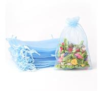 POPOYU 100Pcs Baby Blue Organza Gift Bags,7x9 Small Organza Gift Pouches Drawstring Bags,Jewellery Sheer Bags Tulle Fabric Pouches Wedding Favour Bags for Christmas Halloween Birthday Goodie Gifts