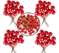 POPOYU 100pcs Christmas Berry Artificial Holly Berries, Artificial Fruits Red Berry Picks Winter Berries Bunch Berry·Branches for Xmas Tree Decs,Christmas Wreath Making Decorations Supplies,Red