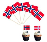 POPOYU 100Pcs Mini Norway Flag Toothpicks Cupcake Toppers,Norway Flags Cocktail Sticks Wooden Cake Toppers Sandwich Decorations for Eurovision Party,Euros Football Game,Olympics 2024 Decorations