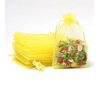 POPOYU 100Pcs Yellow Organza Gift Bags,7x9 Small Organza Gift Pouches Drawstring Bags,Jewellery Sheer Bags Tulle Fabric Pouches Wedding Favour Bags for Christmas Halloween Birthday Goodie Gifts