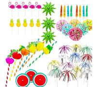 POPOYU 120Pcs Cocktail Umbrellas for Drinks,Cocktail Accessories,Umbrella Straws,Colorful Drink Umbrellas and Hawaiian Fruit Sticks Bamboo Cocktail Toothpicks for Tropical Hawaiian Party Decorations