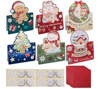POPOYU 12Pcs Mini Christmas Cards Set,Xmas Greeting Cards with 12 Red Envelopes 12 Stickers,6 Christmas Designs,Cute Santa Claus Snowman Xmas Folding Gift Cards for Kids,Xmas,New Year,Blank Inside