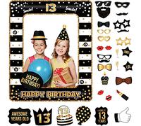 POPOYU 13th Birthday Decorations Men Women,Black Gold Inflatable Selfie Frame&34Pcs 13th Birthday Photo Booth Props,Giant Inflatable Party Photo Booth Frame for 13thBirthday Party Decoration