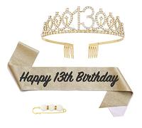 POPOYU 13th Birthday Girl Sash and Tiara,Gold 13th Birthday Crown and Sash for Her,Girls 13thBirthday Decorations Party Accessories,BirthdayCrown Costume Set for Girls 13th.Birthday Gifts