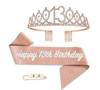 POPOYU 13th Birthday Girl Sash and Tiara,Rose Gold 13th Birthday Crown and Sash for Her,Girls 13thBirthday Decorations Party Accessories,BirthdayCrown Costume Set for Girls 13th.Birthday Gifts