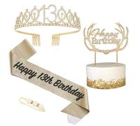POPOYU 13th Birthday Tiara and Sash,Gold 13th Birthday Crown,Birthday Princess Sash,Sweet 13 Birthday& Sash for for Her Girls Birthdays Accessories Gifts Party Costume Decoration