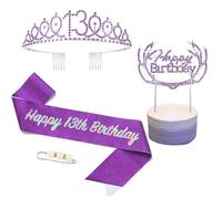 POPOYU 13th Birthday Tiara and Sash,Purple 13th Birthday Crown,Birthday Princess Sash,Sweet 13 Birthday& Sash for for Her Girls Birthdays Accessories Gifts Party Costume Decoration