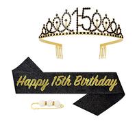 POPOYU 15th Birthday Girl Sash and Tiara,Black Gold 15th Birthday Crown and Sash for Her,Girls 15thBirthday Decorations Party Accessories,BirthdayCrown Costume Set for Girls 15th.Birthday Gifts