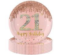 POPOYU 16Pcs 21st Birthday Rose Gold Paper Plates 9 inch,21st Rose Gold Girls Birthday Disposable Party Paper Plates,Happy 21st Birthday Tableware Decor Her,Women,21st Birthday Gift Party Supplies