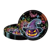 POPOYU 16pcs Neon Halloween Party Plates,9inch Glow Happy Halloween Party Paper Plates for Table Decorations,Halloween Theme Pumpkin Cat Bat Ghost Paper Plates,Halloween Party Supplies