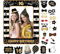 POPOYU 16th Birthday Decorations Girls Boys,Black Gold Inflatable Selfie Frame&34Pcs 16th Birthday Photo Booth Props,Giant Inflatable Party Photo Booth Frame for 16thBirthday Party Decoration