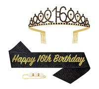 POPOYU 16th Birthday Girl Sash and Tiara,Black Gold 16th Birthday Crown and Sash for Her,Girls 16thBirthday Decorations Party Accessories,BirthdayCrown Costume Set for Girls 16th.Birthday Gifts
