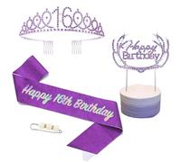 POPOYU 16th Birthday Tiara and Sash,Purple 16th Birthday Crown,Birthday Princess Sash,Sweet 16 Birthday& Sash for for Her Girls Birthdays Accessories Gifts Party Costume Decoration