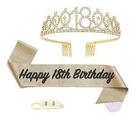 POPOYU 18th Birthday Girl Sash and Tiara,Gold 18th Birthday Crown and Sash for Her,Girls 18thBirthday Decorations Party Accessories,BirthdayCrown Costume Set for Girls 18th.Birthday Gifts