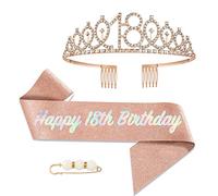 POPOYU 18th Birthday Girl Sash and Tiara,Rose Gold 18th Birthday Crown and Sash for Her,Girls 18thBirthday Decorations Party Accessories,BirthdayCrown Costume Set for Girls 18th.Birthday Gifts