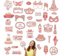 POPOYU 18th Birthday Photo Booth Props,35Pcs 18th Birthday Decorations Rose Gold Glitter Shinny Photo Booth Props for Her,Pink 18th Selfie Props DIY Kit for Girls Birthday Party Favors Supplies