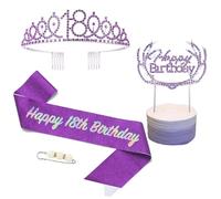POPOYU 18th Birthday Tiara and Sash,Purple 18th Birthday Crown,Birthday Princess Sash,Sweet 18 Birthday& Sash for for Her Girls Birthdays Accessories Gifts Party Costume Decoration