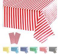 POPOYU 2 Pack Red and White Stripe Plastic Tablecloths, Red and White Circus Table Decorations, Circus Table Decorations for Circus, Movie Night, Carnival