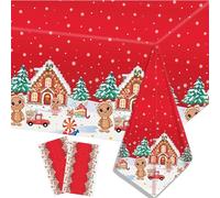 POPOYU 2 Pcs Plastic Tablecloth 54” x 108” Gingerbread Man Snowflake Red Christmas Rectangle Waterproof Table Cover for Winter Holiday Family Dinner and Party Decorations