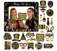 POPOYU 2025 New Year Party Photo Booth,2025 New Year Inflatable Selfie Picture Frame 25Pcs Black Gold Photo Booth Props,Giant Blow Up Frame for 2025 NewYear Party Celebration Supplies