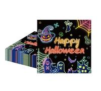POPOYU 20pcs Neon Halloween Party Napkins, 6.5inch Glow Paper Serviettes for Table Decorations, Theme Pumpkin Cat Bat Ghost Paper Napkin, Party Supplies