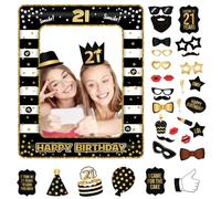 POPOYU 21st Birthday Decorations Men Women,Black Gold Inflatable Selfie Frame&34Pcs 21st Birthday Photo Booth Props,Giant Inflatable Party Photo Booth Frame for 21stBirthday Party Decoration