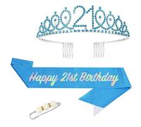POPOYU 21st Birthday Girl Sash and Tiara,Blue 21st Birthday Crown and Sash for Her,Girls 21stBirthday Decorations Party Accessories,BirthdayCrown Costume Set for Girls 21st.Birthday Gifts