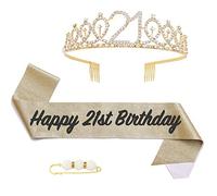 POPOYU 21st Birthday Girl Sash and Tiara,Gold 21st Birthday Crown and Sash for Her,Girls 21stBirthday Decorations Party Accessories,BirthdayCrown Costume Set for Girls 21st.Birthday Gifts