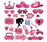 POPOYU 25Pcs Barbie Party Photo Booth Props,Selfie Photo Booth Props for Hot Pink Pricess Birthday Party Supplies,Barbie Box Prop Photo Props for Girls Dress Up Baby Shower Let's Go Party Decoration