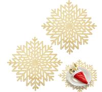 POPOYU 2Pcs Christmas PVC Placemats,Xmas Gold Snowflake Place Mats for Dining Table,38cm Round Vinyl Hollow Table Mats Waterproof Oil Non-Slip Washable Heat for Kitchen Wedding Christmas Decor(B)