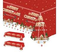 POPOYU 2Pcs Christmas Table Cloth,137*274cm Large Red Rectangular Christmas Table Cloth,Red Gingerbread Xmas Dinner Table Cover,Merry Christmas Tablecloth for Winter Holiday Christmas Party Supplies