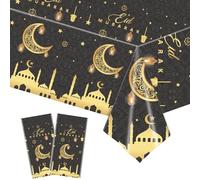 POPOYU 2Pcs Eid Al-fitr Tablecloth Eid Ramadan Mubarak Tablecloth 137 * 274, Black Golden Star Moon Lantern Plastic Rectangle Table Cover for Islam Muslim Happiness Kareem Ramadan Party Decoration
