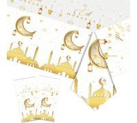 POPOYU 2Pcs Eid Al-fitr Tablecloth Eid Ramadan Mubarak Tablecloth 137 * 274, White Golden Star Moon Lantern Plastic Rectangle Table Cover for Islam Muslim Happiness Kareem Ramadan Party Decoration