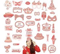 POPOYU 30th Birthday Photo Booth Props,35Pcs 30th Birthday Decorations Rose Gold Glitter Shinny Photo Booth Props for Her,Pink 30th Selfie Props DIY Kit for Women Birthday Party Favors Supplies