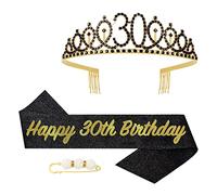 POPOYU 30th Birthday Queen Sash and Tiara,Black Gold 30th Birthday Crown and Sash for Her,Women 30thBirthday Decorations Party Accessories,BirthdayCrown Costume Set for Women 30th.Birthday Gifts