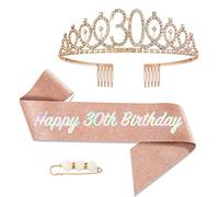 POPOYU 30th Birthday Queen Sash and Tiara,Rose Gold 30th Birthday Crown and Sash for Her,Women 30thBirthday Decorations Party Accessories,BirthdayCrown Costume Set for Women 30th.Birthday Gifts