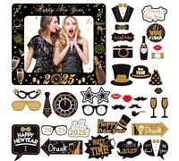 POPOYU 35Pcs 2025 New Year Black Gold Party Photo Booth Props Kit, Accessories for Evening Party Supplies