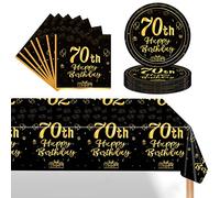 POPOYU 37 Pcs Black and Gold 70th Birthday Tableware Set, Happy Disposable Dinnerware Set, Black Paper Plates 7 Inch Napkins Table Cloth for Men, Women, Him, Her Gifts Party Supplies