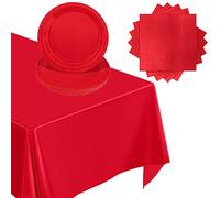POPOYU 37 Pcs Red Tableware Set,Red Waterproof Plastic Tablecloth Paper Plates 7 Inch Napkins Dinnerware Decorations Favors for Men Women Birthday Wedding Graduation Party Supplies