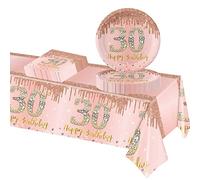POPOYU 37 Pcs Rose and Gold 30th Birthday Tableware Set, Happy Disposable Dinnerware Set, Rose Paper Plates 9 Inch Napkins Table Cloth for Girls, Women, Her Gifts Party Supplies