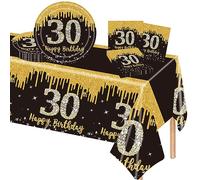 POPOYU 37Pcs Black and Gold 30th Birthday Tableware Set,Black Gold Table Cloth,30th Birthday Plates and Napkins Sets,30thBirthday Decorations for Men,Women,Him,Her BirthdayGifts Party Supplies