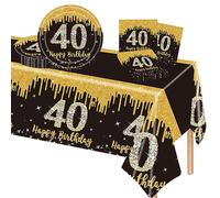 POPOYU 37Pcs Black and Gold 40th Birthday Tableware Set,Black Gold Table Cloth,40th Birthday Plates and Napkins Sets,40thBirthday Decorations for Men,Women,Him,Her BirthdayGifts Party Supplies