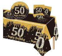 POPOYU 37Pcs Black and Gold 50th Birthday Tableware Set,Black Gold Table Cloth,50th Birthday Plates and Napkins Sets,50thBirthday Decorations for Men,Women,Him,Her BirthdayGifts Party Supplies