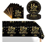 POPOYU 37Pcs Black Gold 18th Birthday Tableware Set,Happy Birthday Party Dinnerware Set,Black Gold Paper Plates 7 Inch Napkins Table Cloth for Boys,Girls,Him,Her 18th birthday Gifts Party Supplies