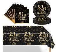 POPOYU 37Pcs Black Gold 21st Birthday Tableware Set,Happy Birthday Party Dinnerware Set,Black Gold Paper Plates 7 Inch Napkins Table Cloth for Men,Women,Him,Her 21st birthday Gifts Party Supplies