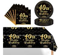 POPOYU 37Pcs Black Gold 40th Birthday Tableware Set,Happy Birthday Party Dinnerware Set,Black Gold Paper Plates 7 Inch Napkins Table Cloth for Men,Women,Him,Her 40th birthday Gifts Party Supplies