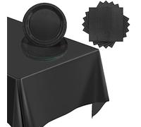 POPOYU 37Pcs Black Party Tableware Set,Halloween Black Paper Dinnerset,Plastic Table Cloth Tablecover,Paper Napkins Pink and Plates for Birthday,Halloween,Retirement,Funeral,Party Table Decorations