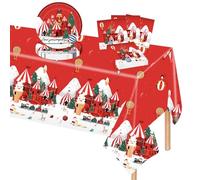 POPOYU 37Pcs Christmas Party Tableware Set Xmas Paper Plates 9 Inch Napkins Table Cloth,Nutcracker Red Merry Christmas Paper Dinnerware Set for Christmas Winter New Year Birthday Party Decorations